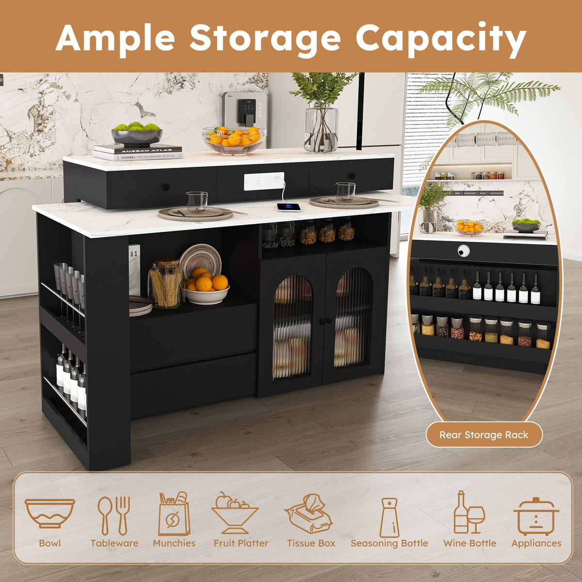 Kitchen Island With Extendable Rotating Table and Glass Door Cabinets