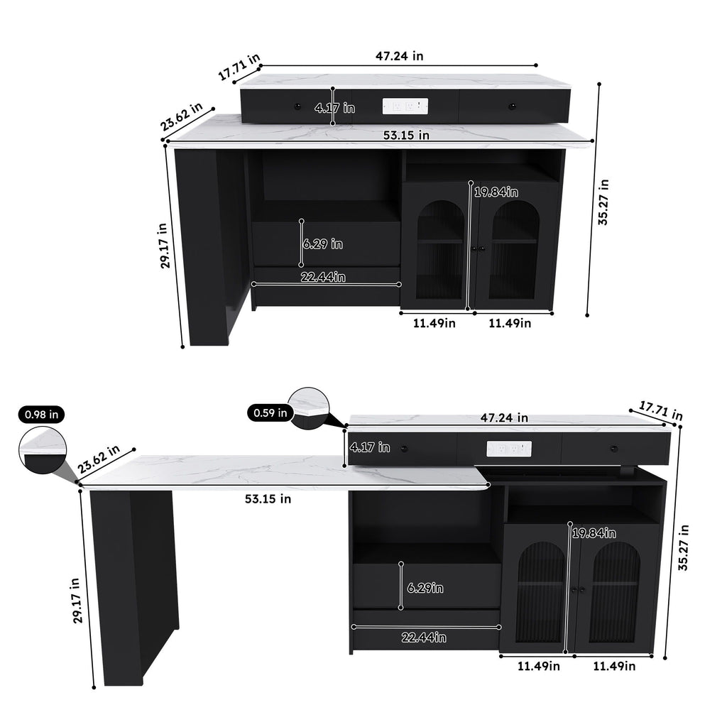 Kitchen Island With Extendable Rotating Table and Glass Door Cabinets