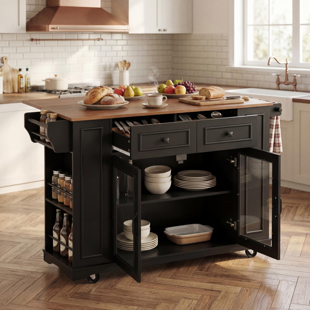 54" Mobile Kitchen Island with Glass Door Storage & Power Outlets