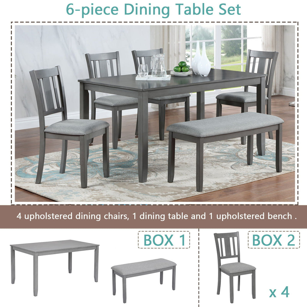 6 Piece Wood Dining Table with 4 Upholstered Chairs And A Bench