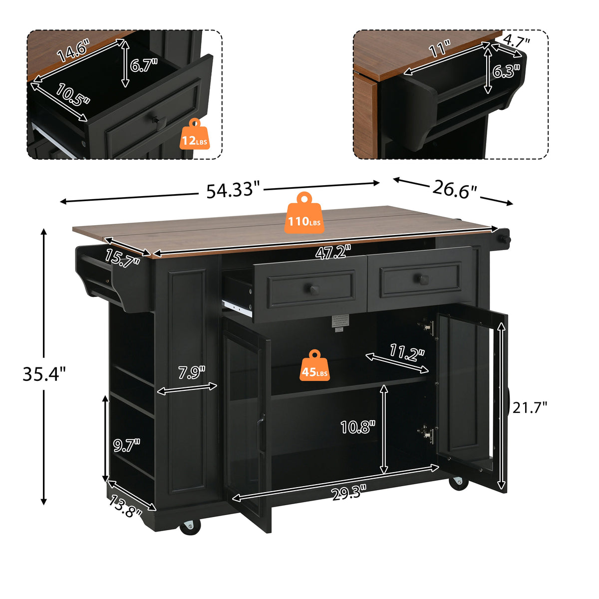 54" Mobile Kitchen Island with Glass Door Storage & Power Outlets
