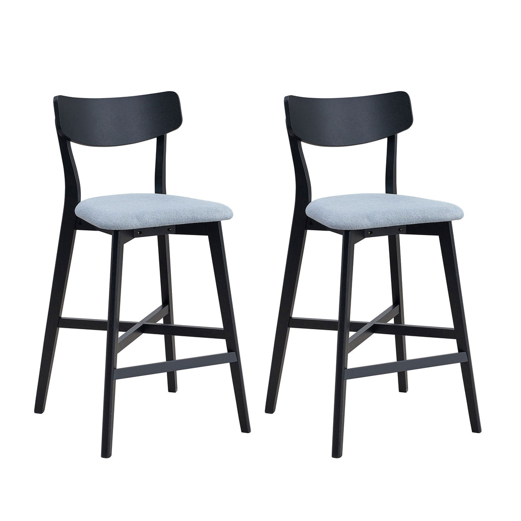 Two black bar stools with light gray seats on a white background