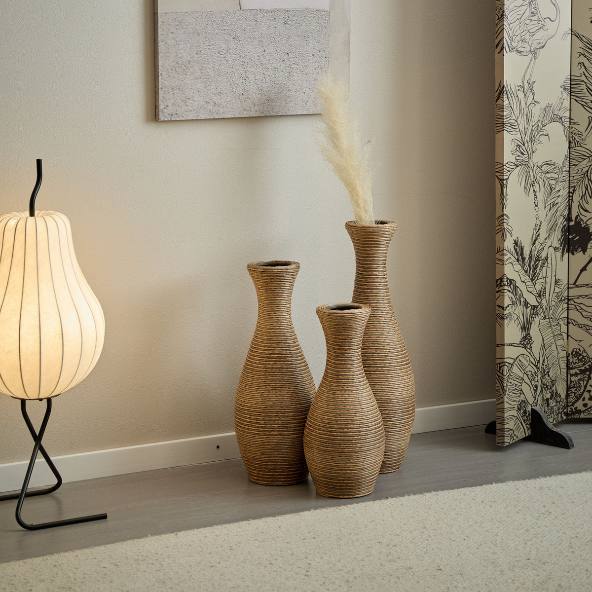 Beige 3 Piece Decorative Floor Vase Set-Ideal For Dried Or Silk Flower Arrangements