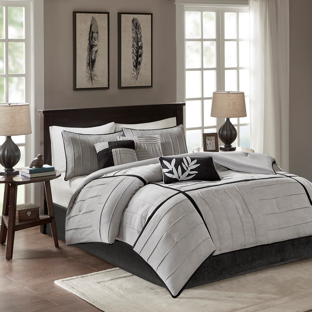 Gray 7 Piece Faux Suede Comforter Set-Queen