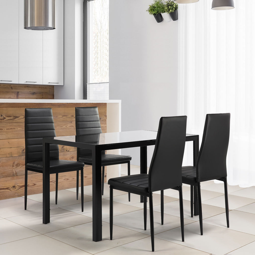 5 Piece Dining Set-Tempered Glass Dining Table, 4 Plush Chairs