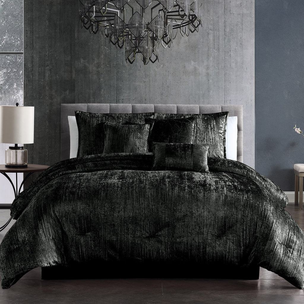 The Turin 7 Piece Black Crinkle Velvet Comforter Set