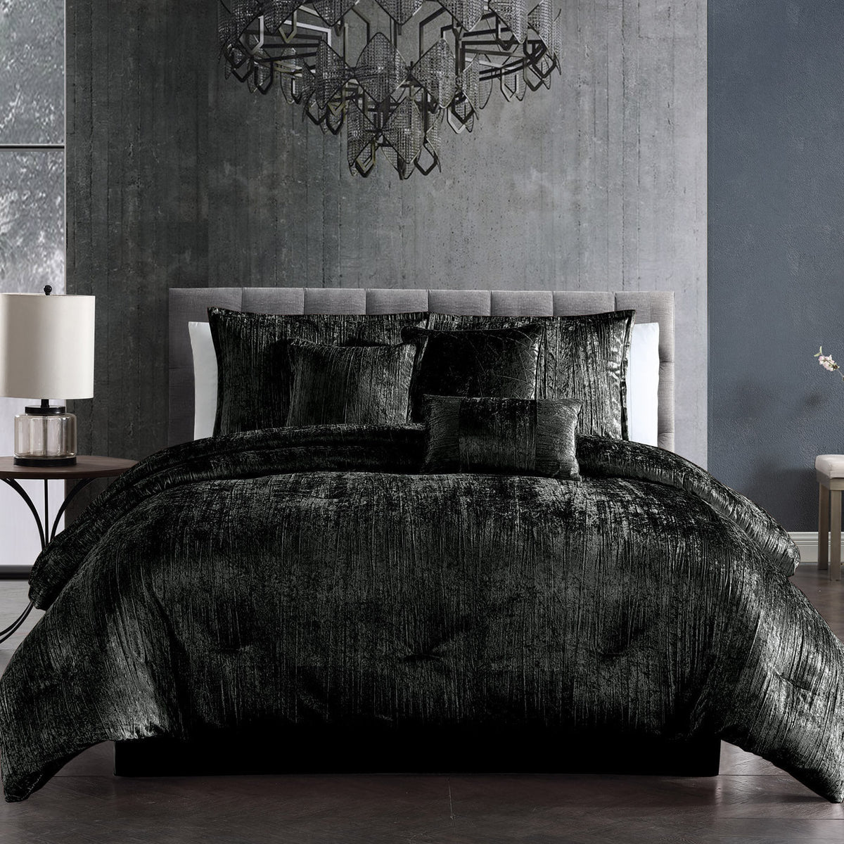 The Turin 7 Piece Black Crinkle Velvet Comforter Set