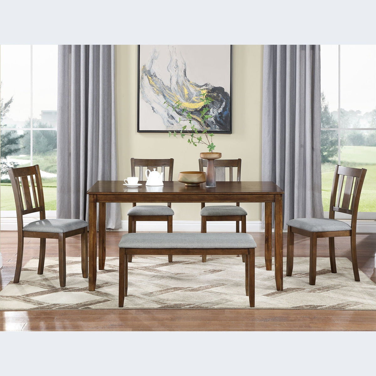6 Piece Wood Dining Table with 4 Upholstered Chairs And A Bench