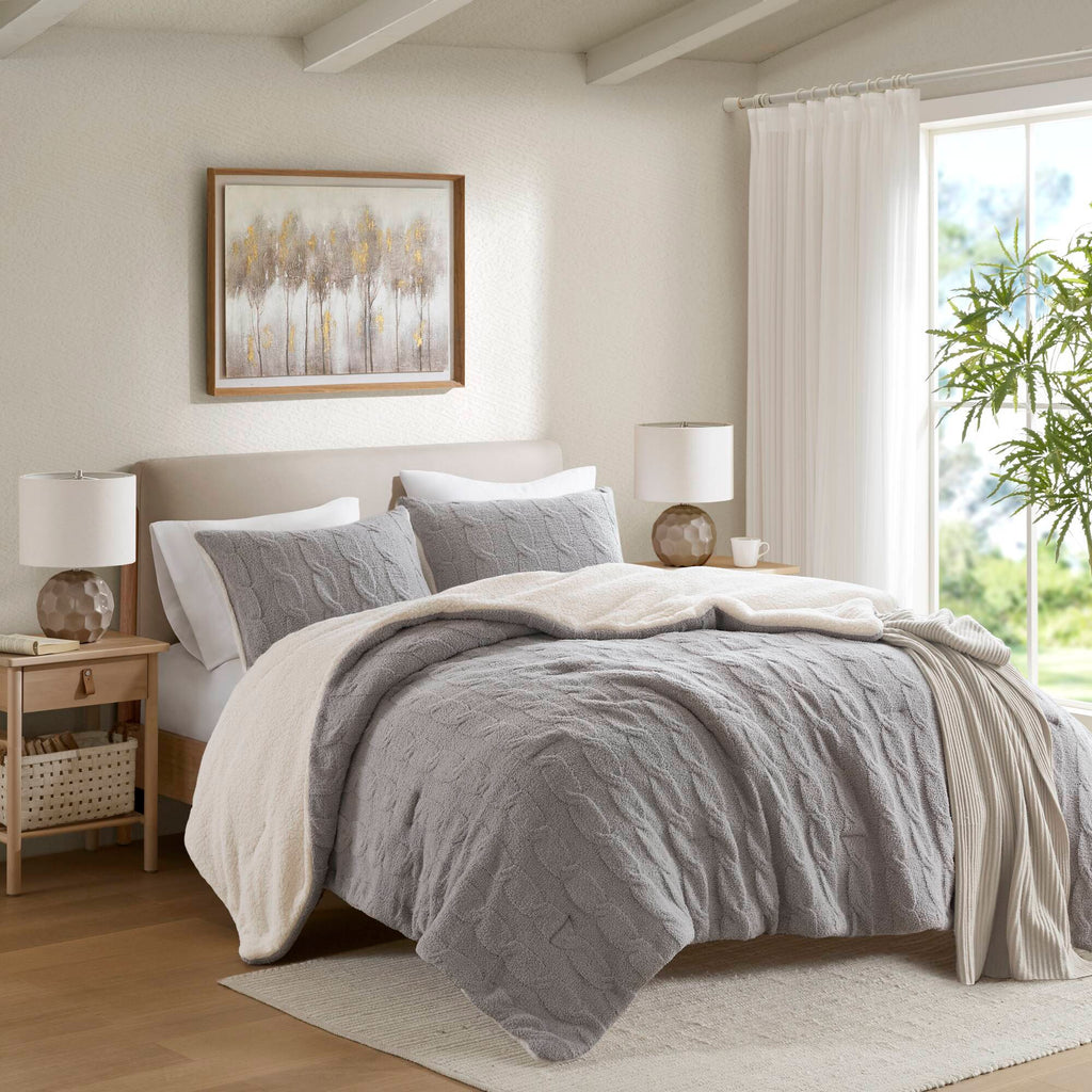 Gray 3 Piece Full/Queen Cable Knit Chenille Comforter Set