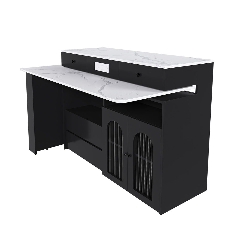 A modern black media console or TV stand with a white marble-patterned top and shelf, shown on a plain white background.
