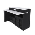 A modern black media console or TV stand with a white marble-patterned top and shelf, shown on a plain white background.