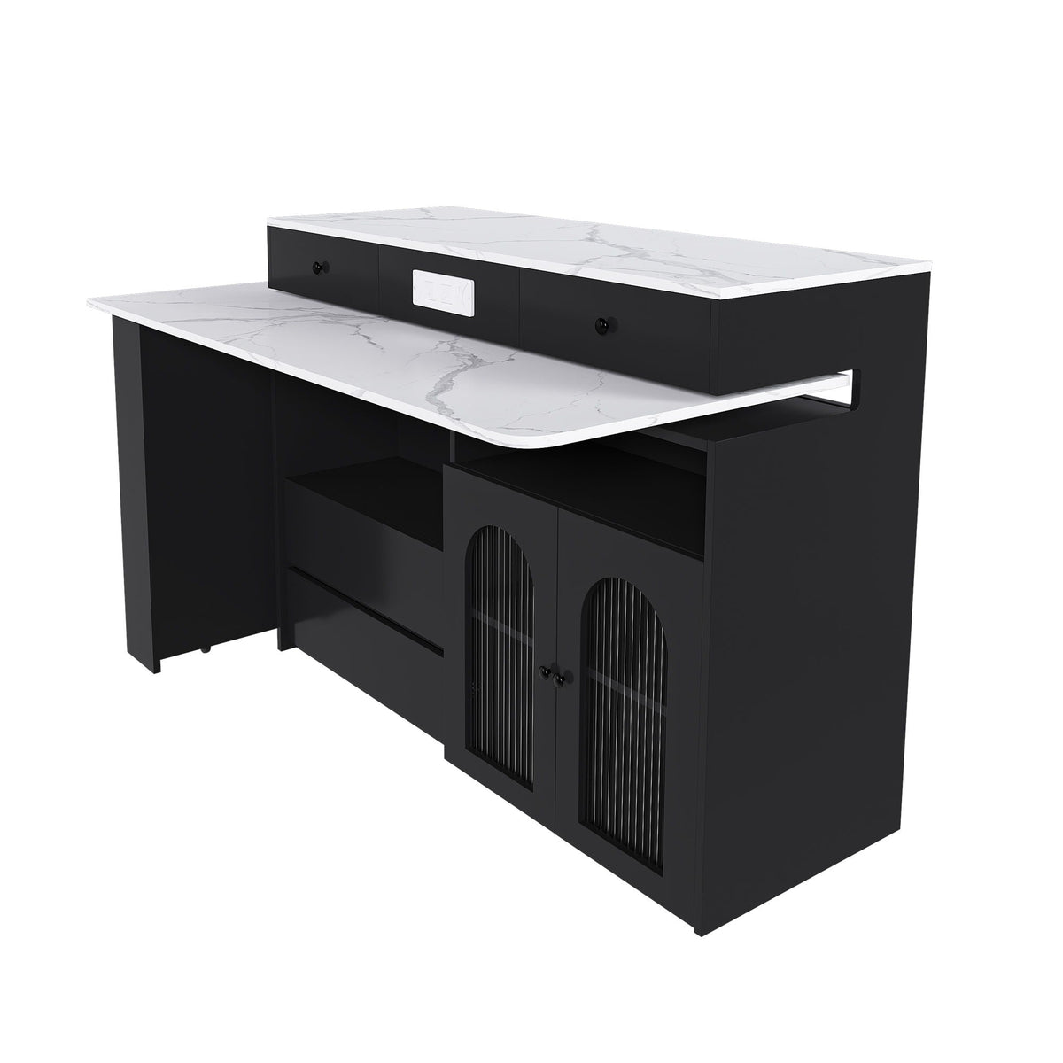 A modern black media console or TV stand with a white marble-patterned top and shelf, shown on a plain white background.