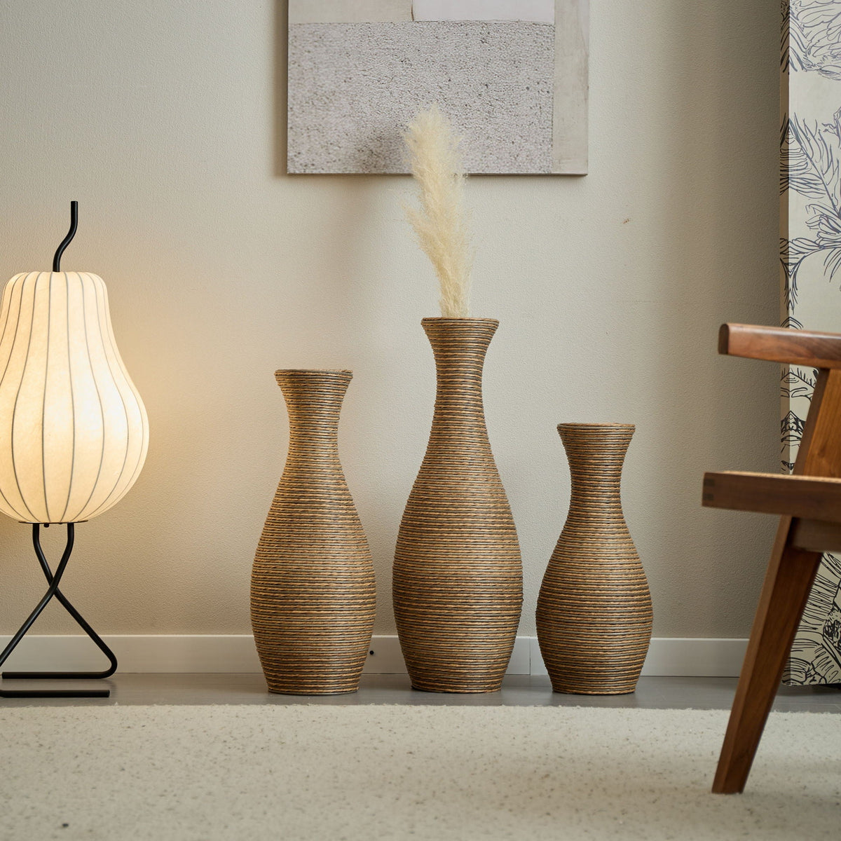 Beige 3 Piece Decorative Floor Vase Set-Ideal For Dried Or Silk Flower Arrangements