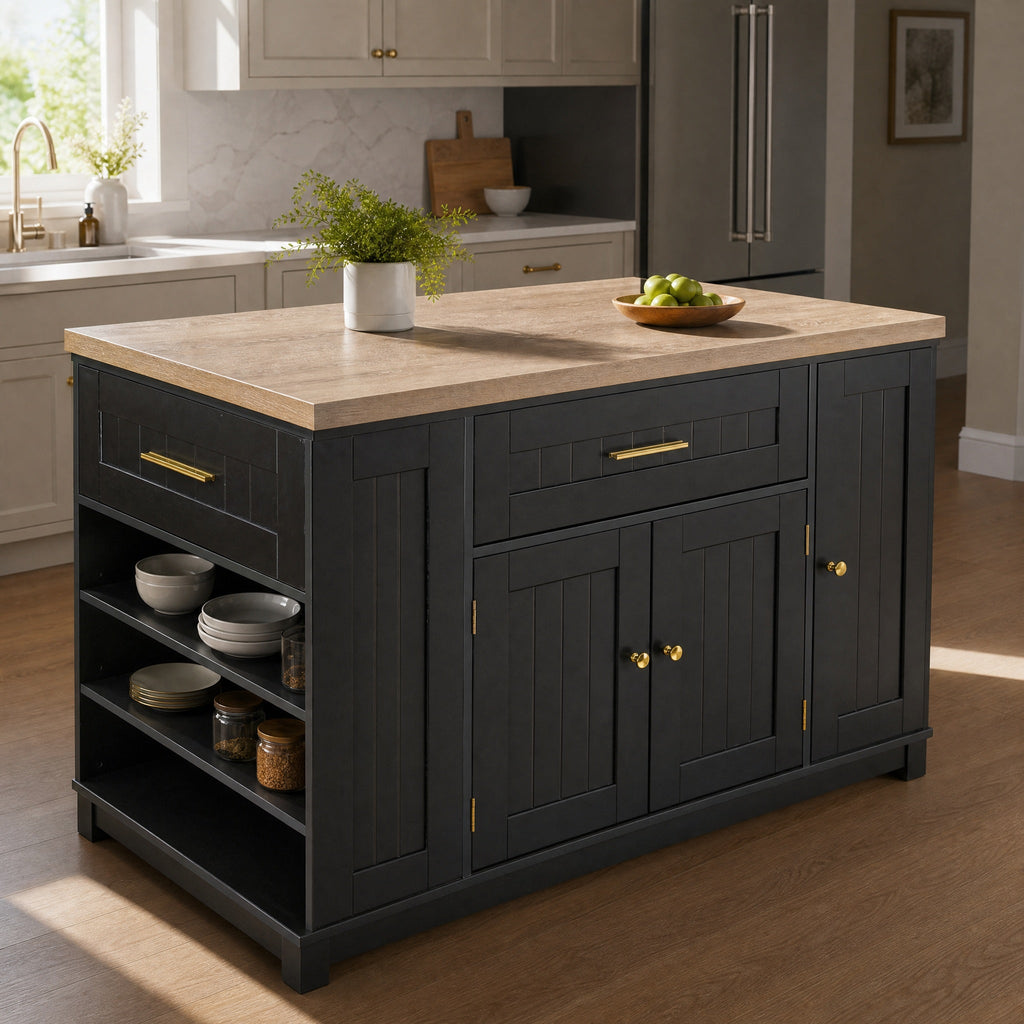 A black kitchen island with a light beige wood countertop, featuring gold-tone handles and brass knobs, set in a bright, modern kitchen.