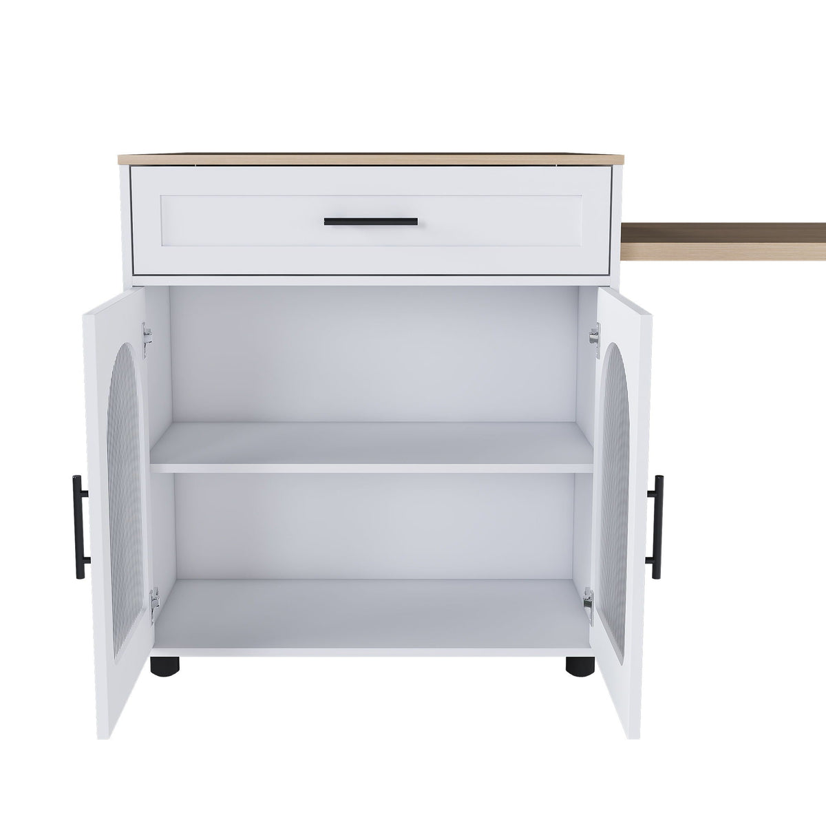 A white storage cabinet with two open doors, a single drawer on top, and two interior shelves, shown on a plain white background.