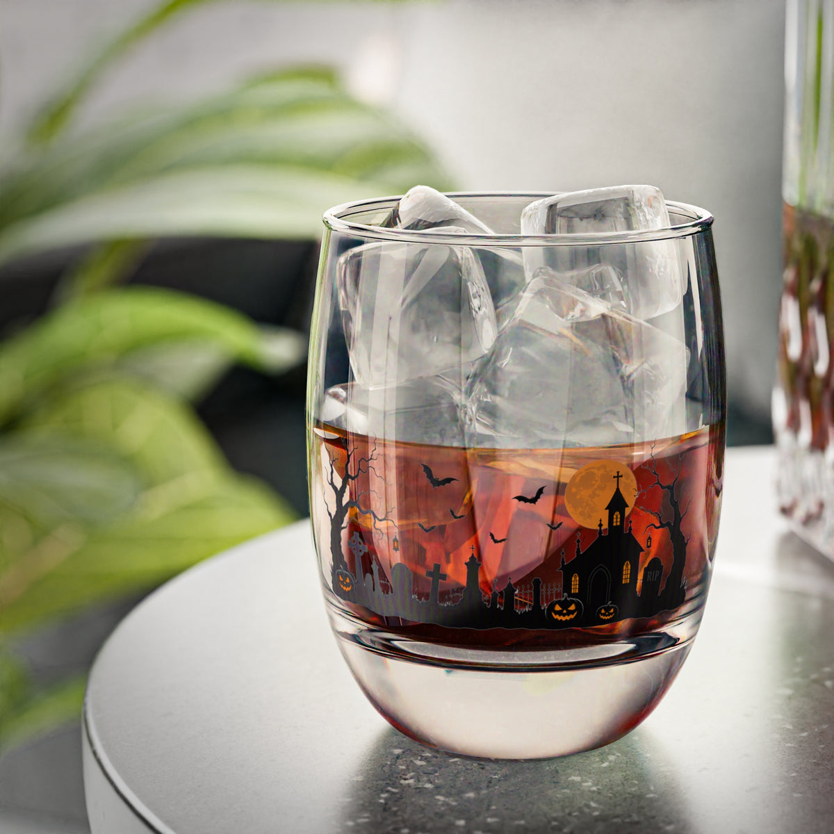 Halloween Graveyard Whiskey Glass – Haunted House & Pumpkin