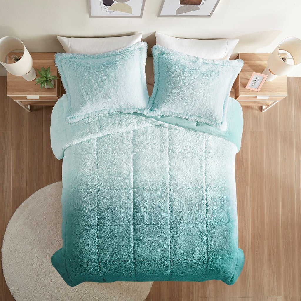 Ombre Shaggy Long Fur Comforter Mini Set-Full/Queen