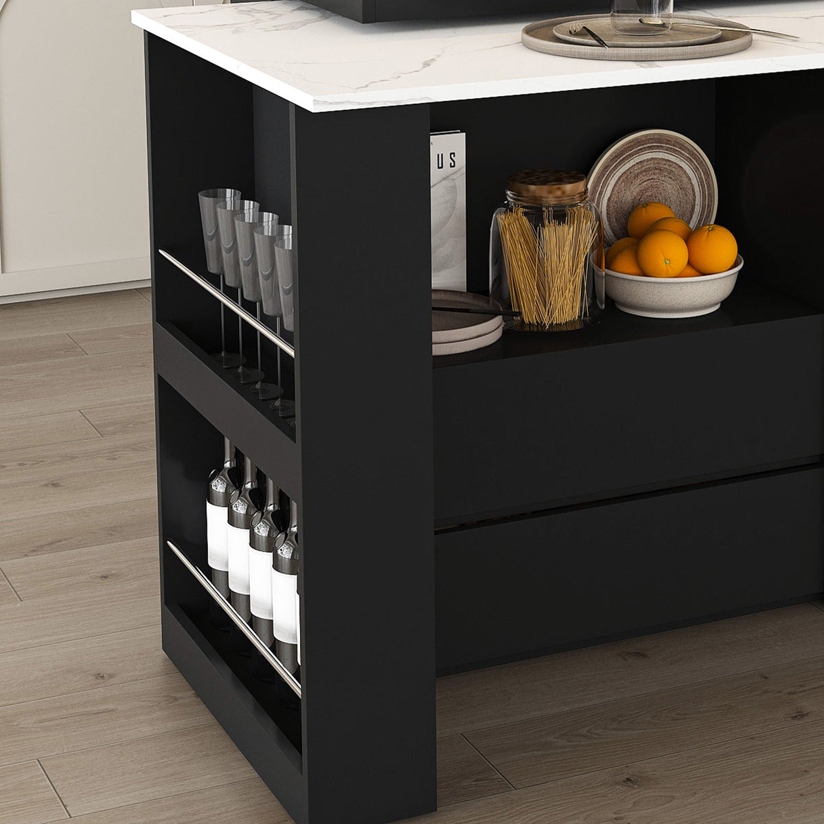 Kitchen Island With Extendable Rotating Table and Glass Door Cabinets