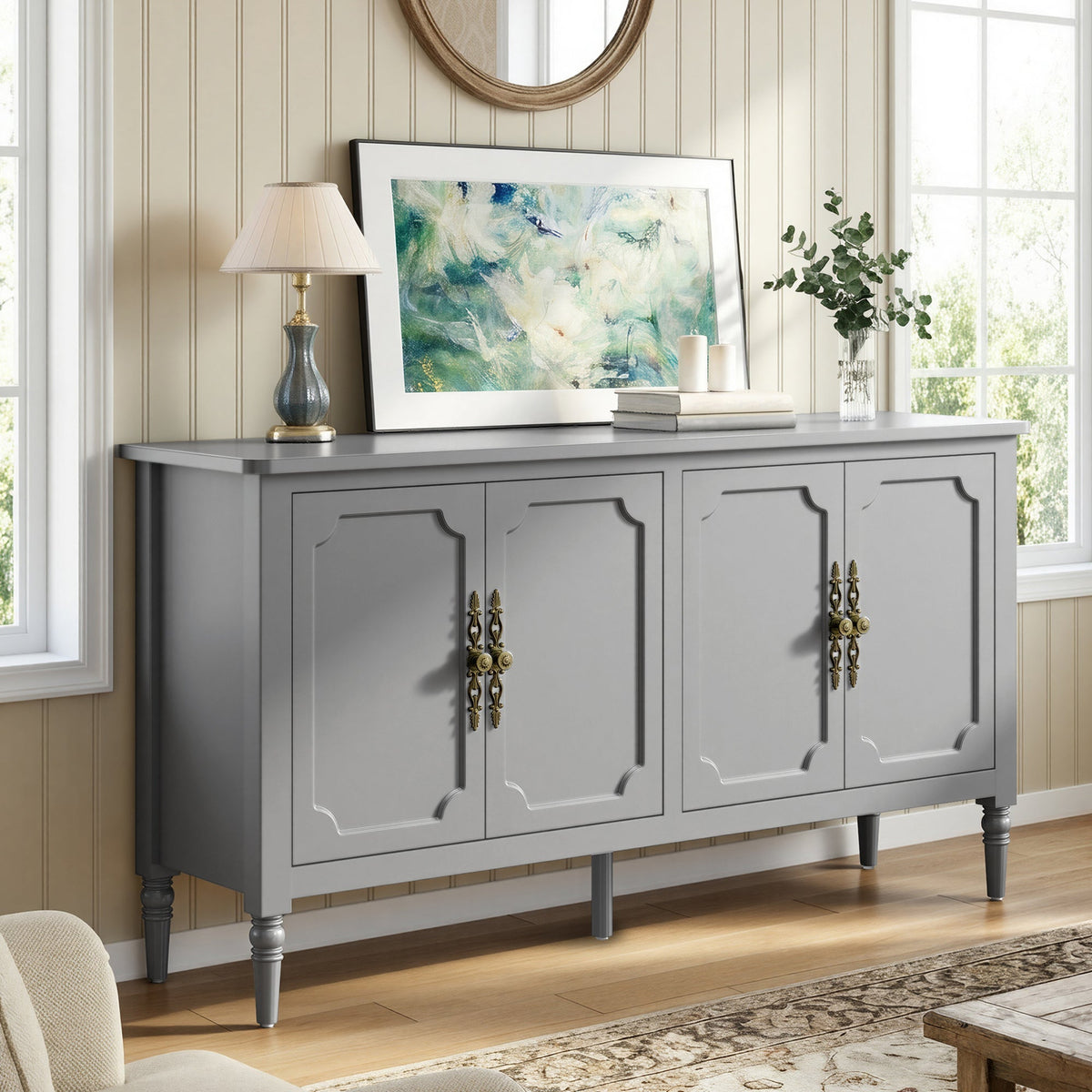 Mid-Century Wood Buffet Sideboard with Soft Closing Doors