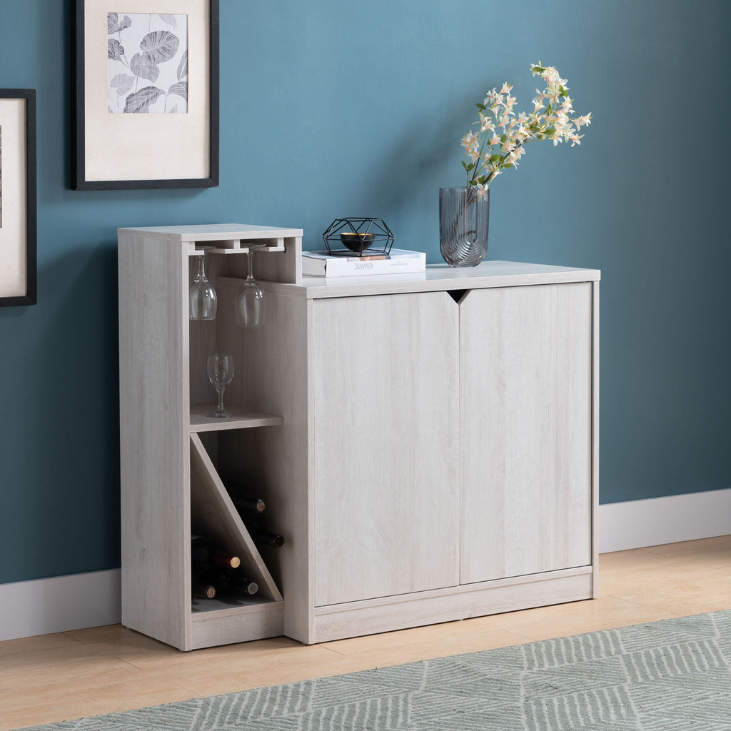Bar Cabinet with Open Wine Storage Display Kitchen Cabinet - White Oak