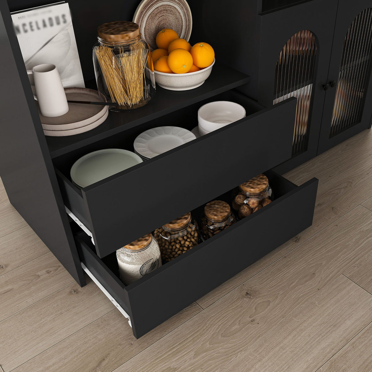 Kitchen Island With Extendable Rotating Table and Glass Door Cabinets