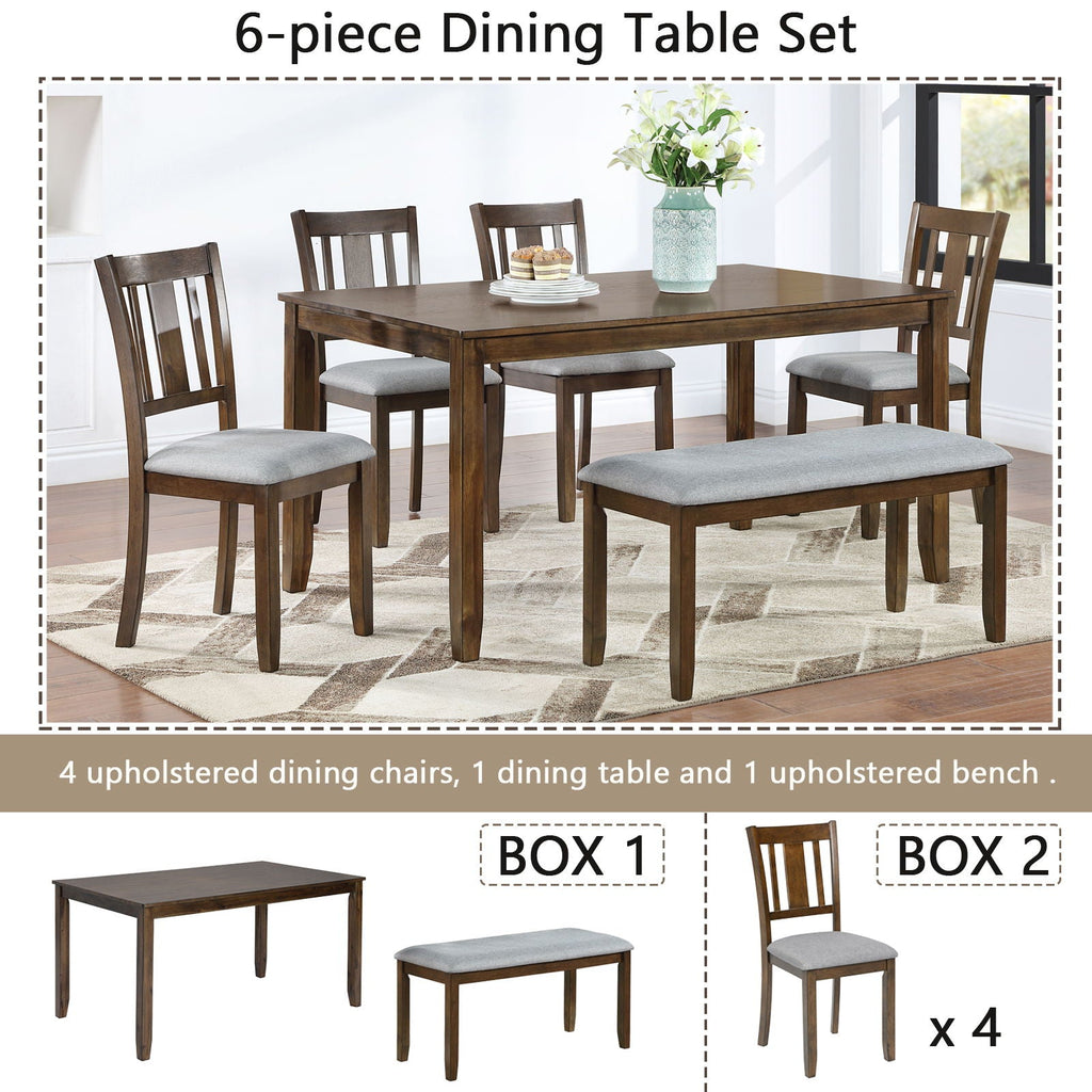 6 Piece Wood Dining Table with 4 Upholstered Chairs And A Bench