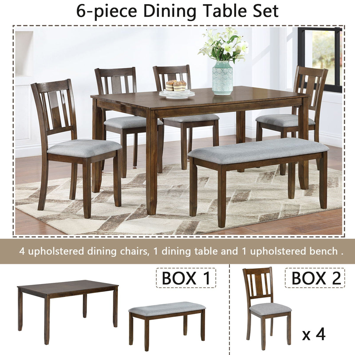 6 Piece Wood Dining Table with 4 Upholstered Chairs And A Bench