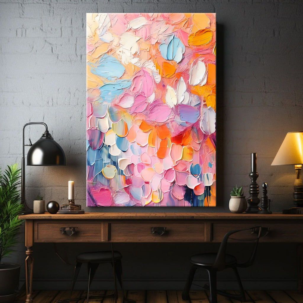 Colorful abstract painting on a wall above a wooden desk with decorative items.