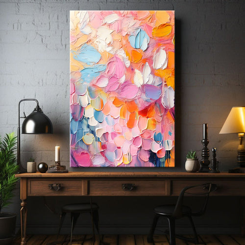 Colorful abstract painting on a wall above a wooden desk with decorative items.