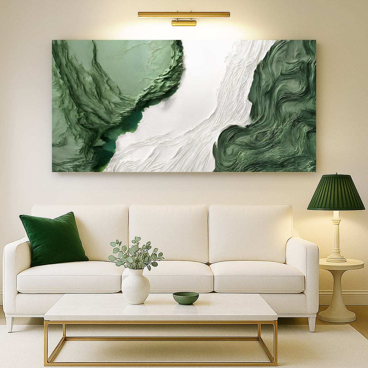 A large rectangular abstract wall art piece with flowing green and white marbled patterns hangs above a white sofa in a modern living room. The room includes a white coffee table, a green pillow, a green lamp, and a vase on a light rug.