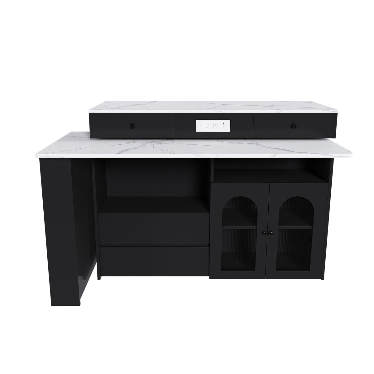 Black entertainment console with marble top on a white background