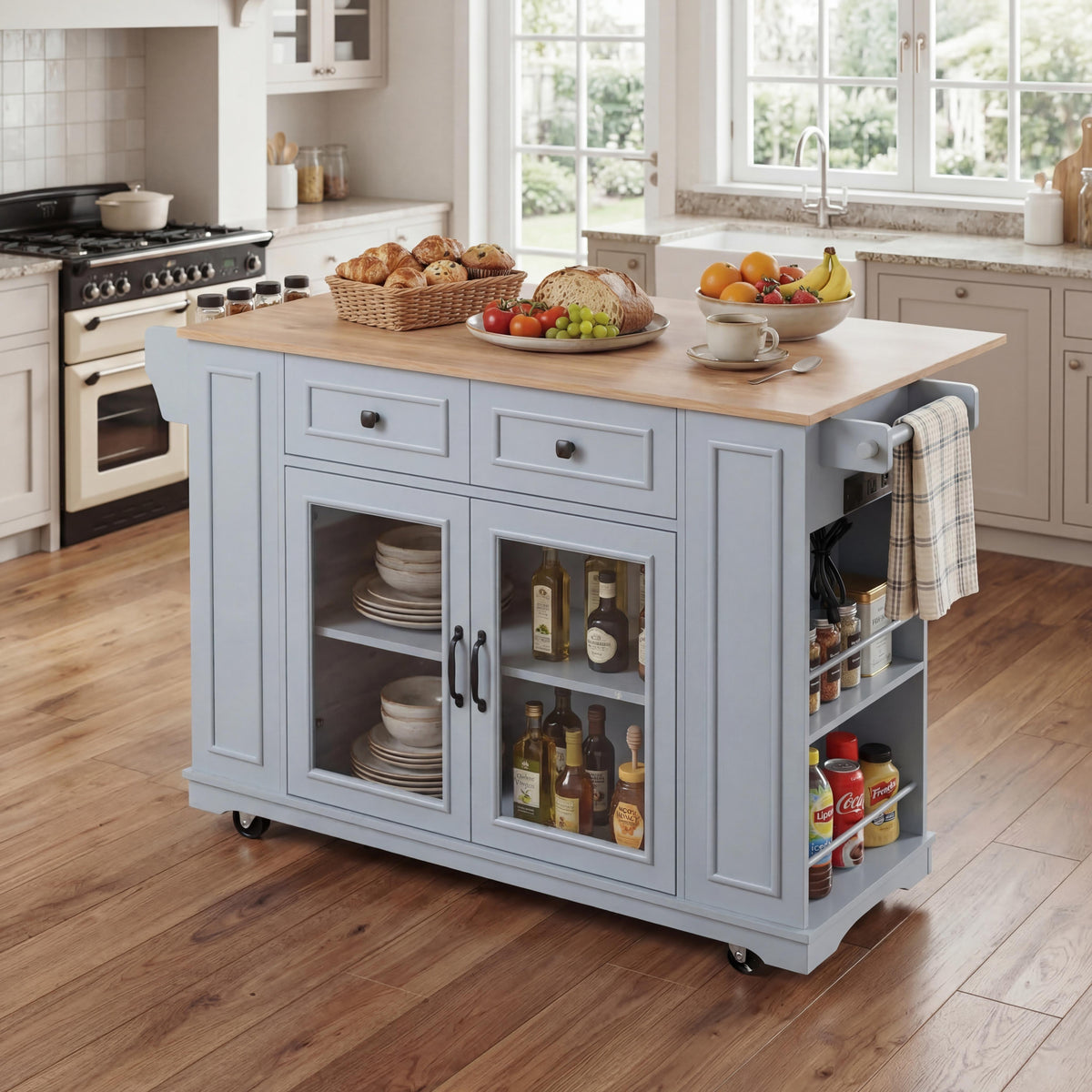 54" Mobile Kitchen Island with Glass Door Storage & Power Outlets
