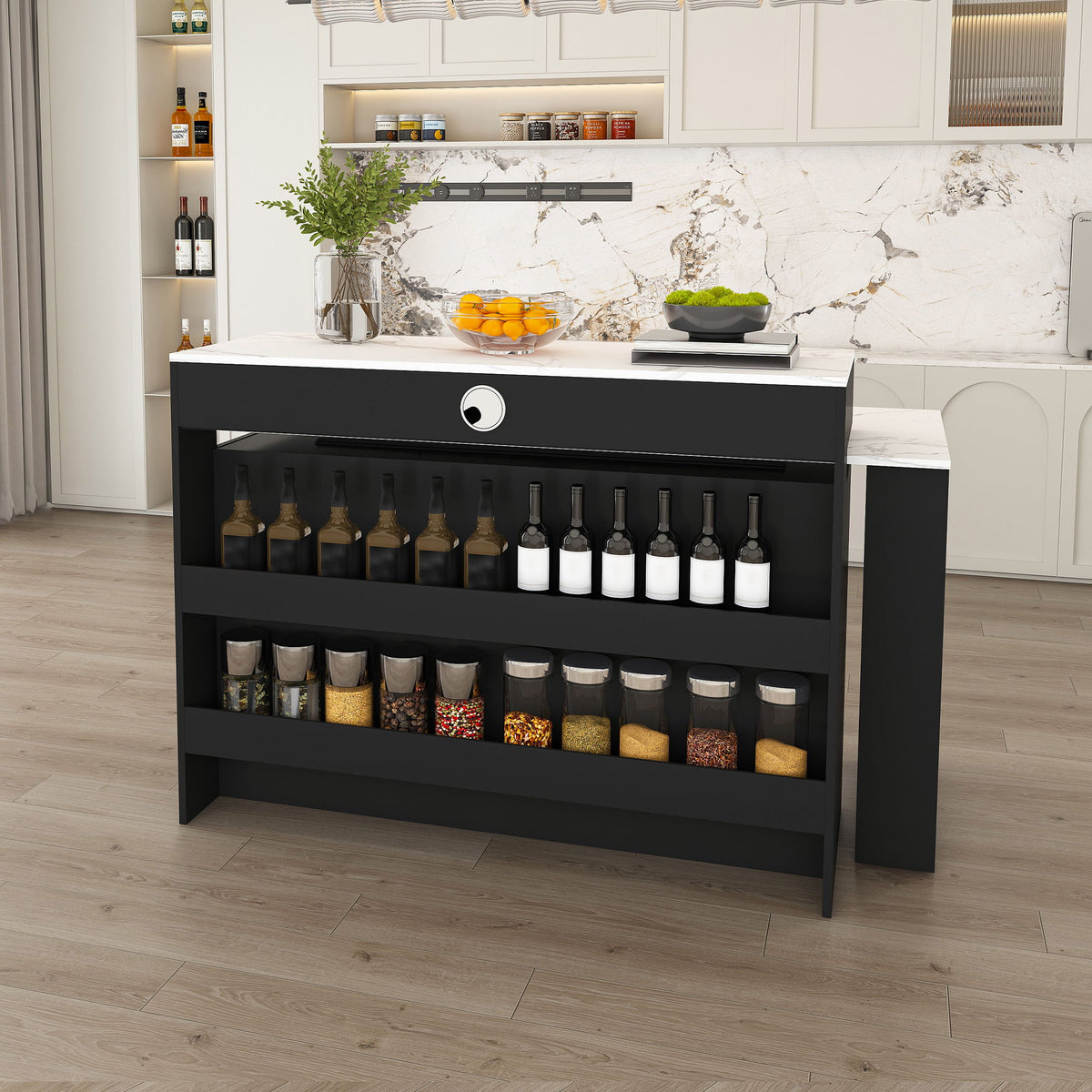 Kitchen Island With Extendable Rotating Table and Glass Door Cabinets