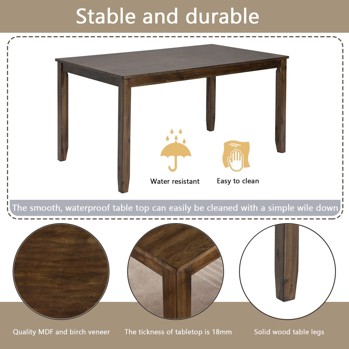 6 Piece Wood Dining Table with 4 Upholstered Chairs And A Bench