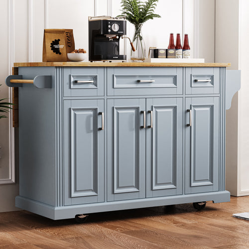 Blue kitchen island with wooden countertop in a home setting