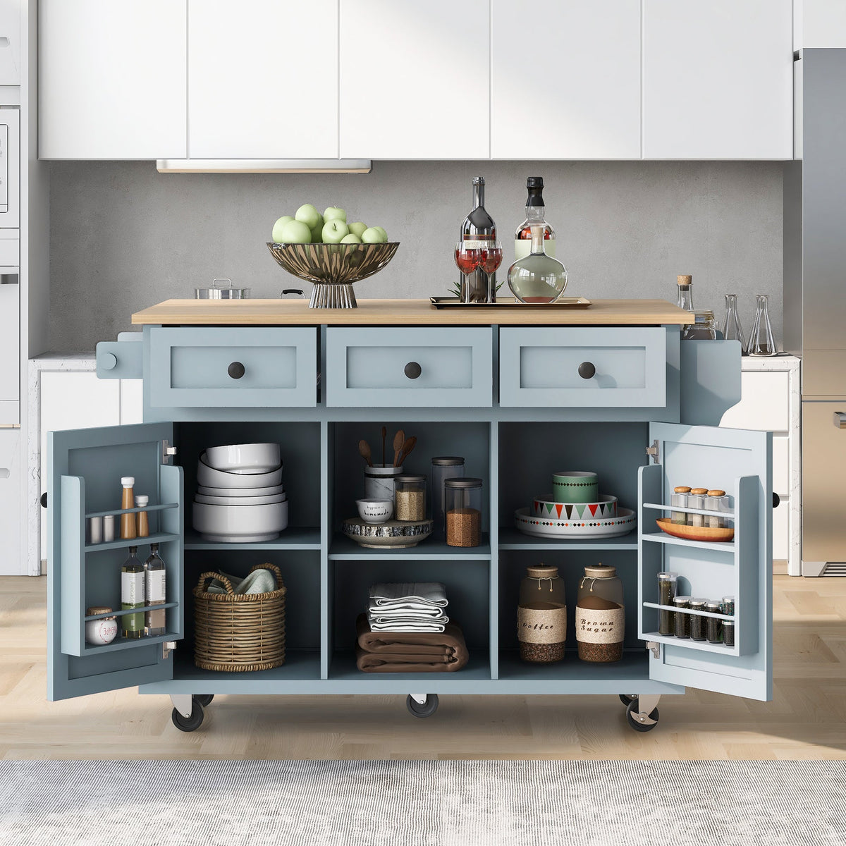 Kitchen island with storage shelves and various items in a modern kitchen setting.
