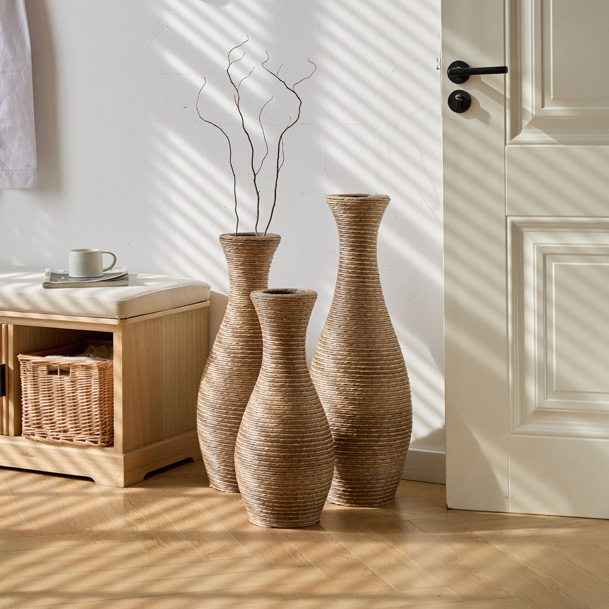 Beige 3 Piece Decorative Floor Vase Set-Ideal For Dried Or Silk Flower Arrangements