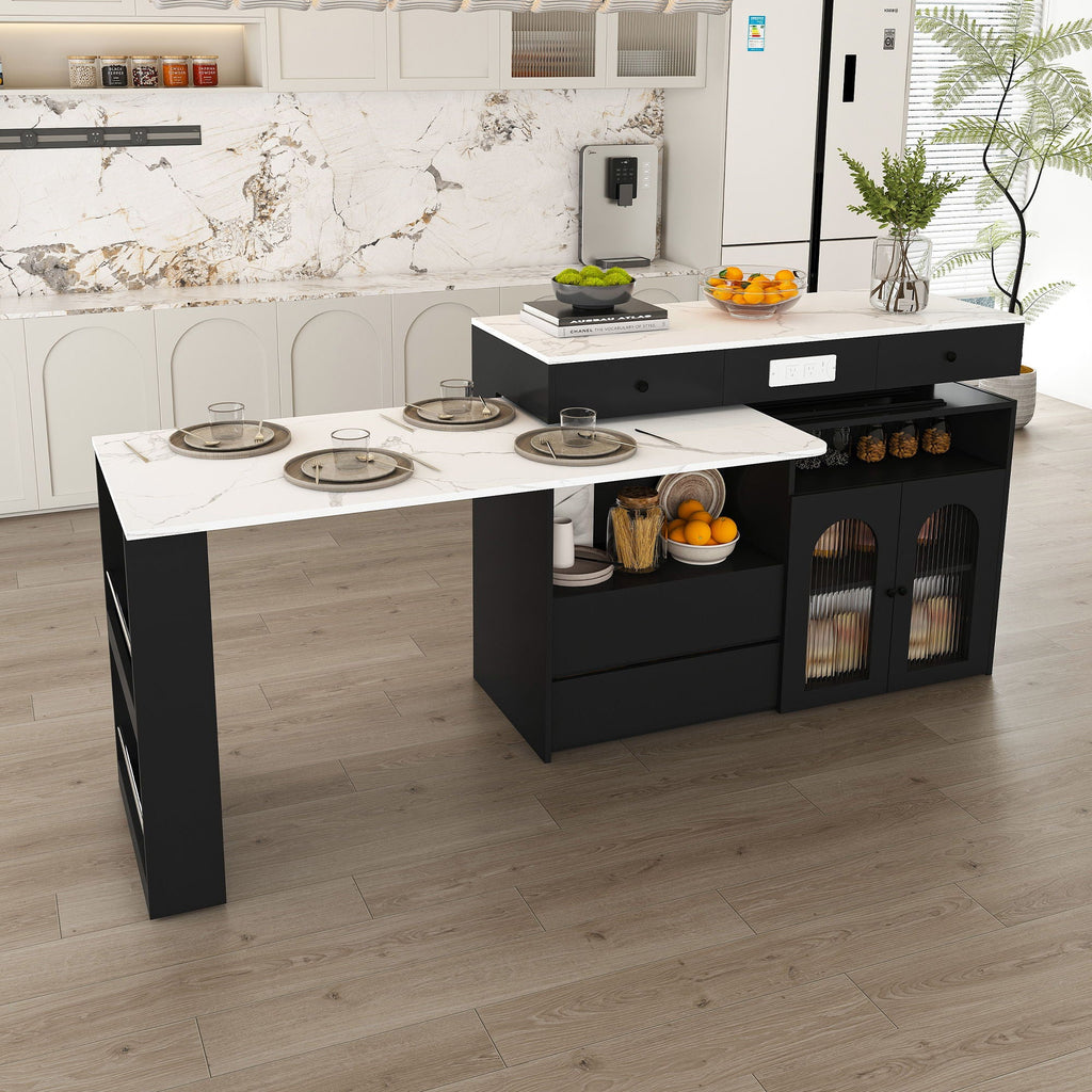 Kitchen Island With Extendable Rotating Table and Glass Door Cabinets