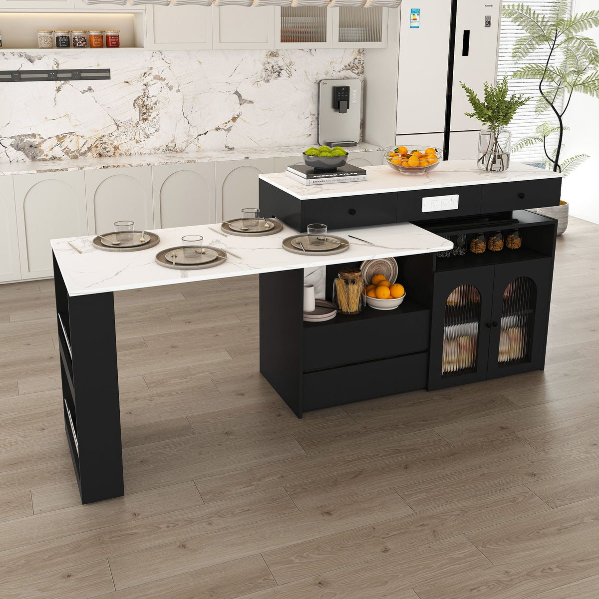 Kitchen Island With Extendable Rotating Table and Glass Door Cabinets