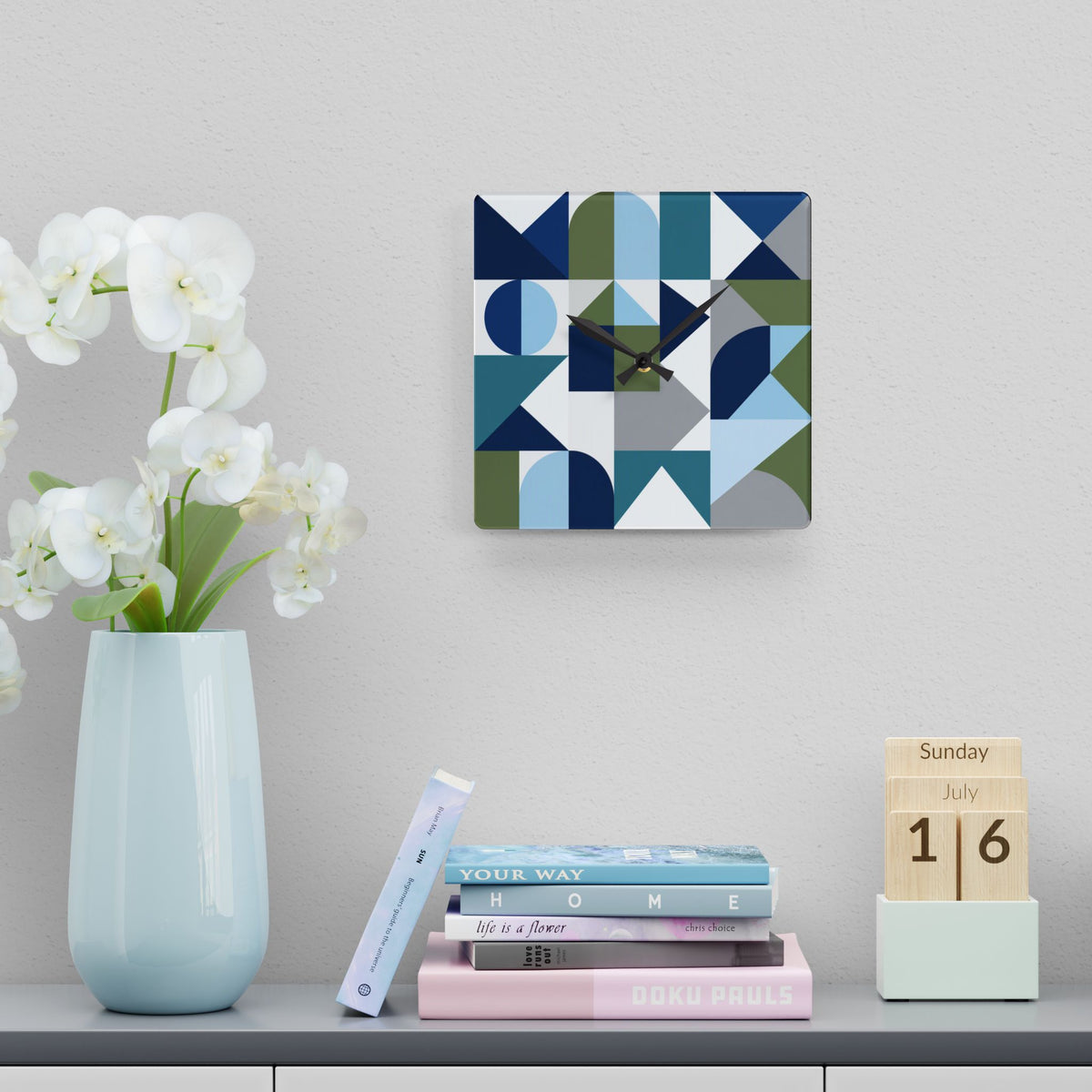 Geometric Acrylic Wall Clock – Blue & Olive