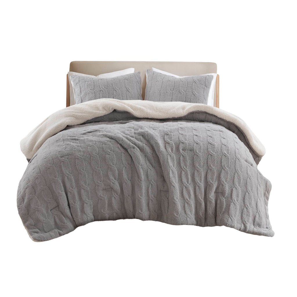 Gray 3 Piece Full/Queen Cable Knit Chenille Comforter Set