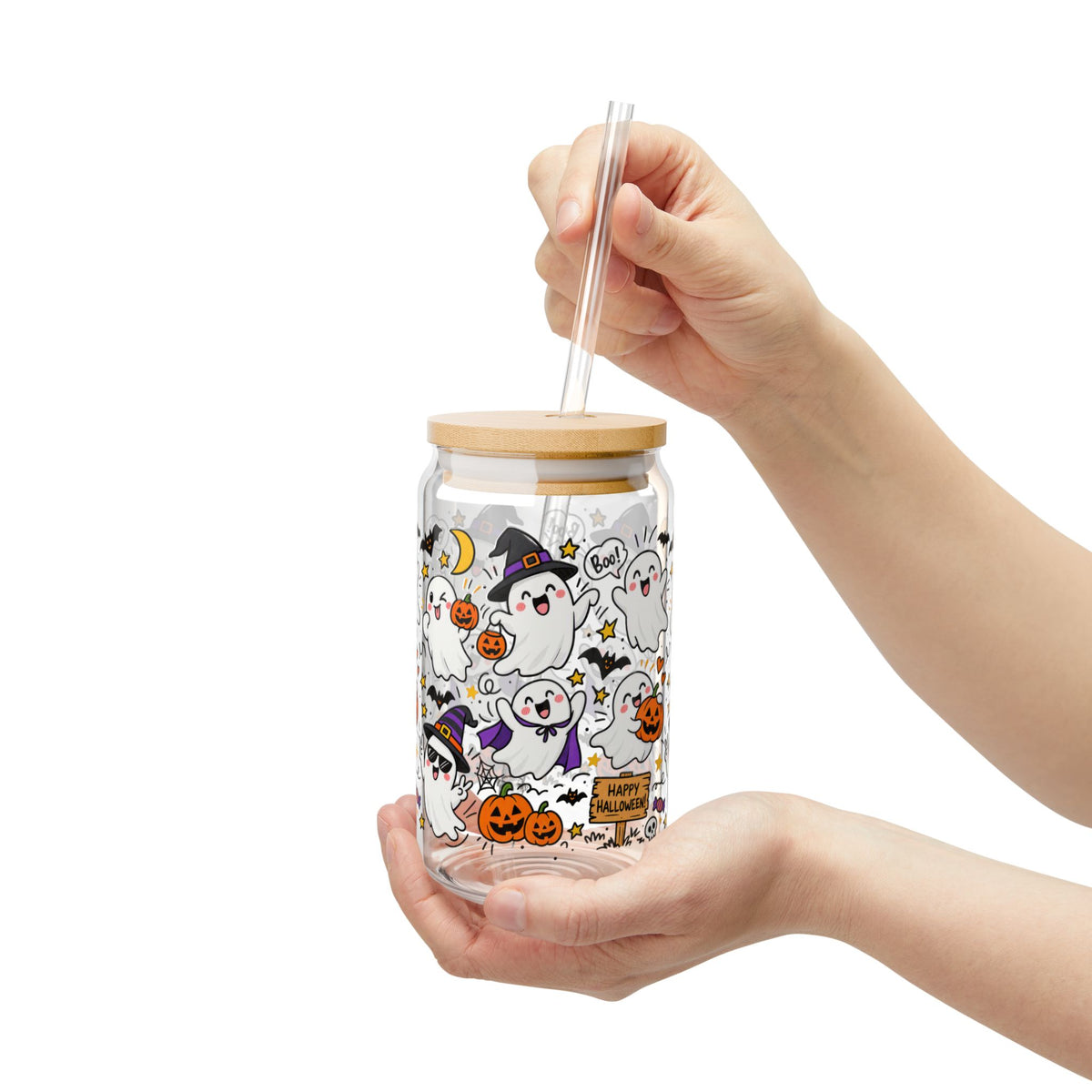 Playful Halloween Ghosts Sipper Glass – 16 oz