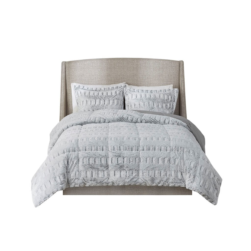 Gray Long Fur Back Print Comforter Mini Set-Full/Queen