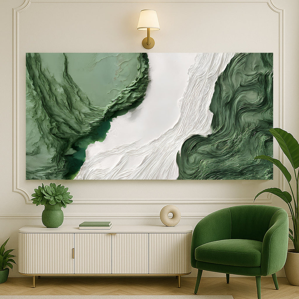 Modern living room with green abstract painting, green armchair, and white cabinet.