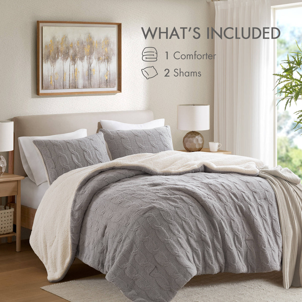 Gray 3 Piece Full/Queen Cable Knit Chenille Comforter Set