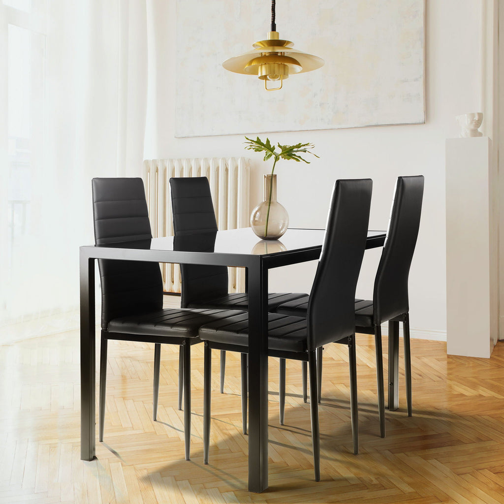 5 Piece Dining Set-Tempered Glass Dining Table, 4 Plush Chairs