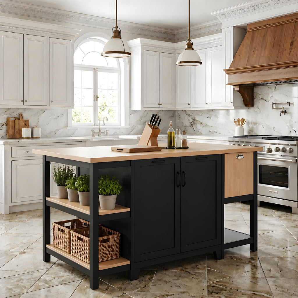 58" Freestanding Kitchen Island-Open Shelving