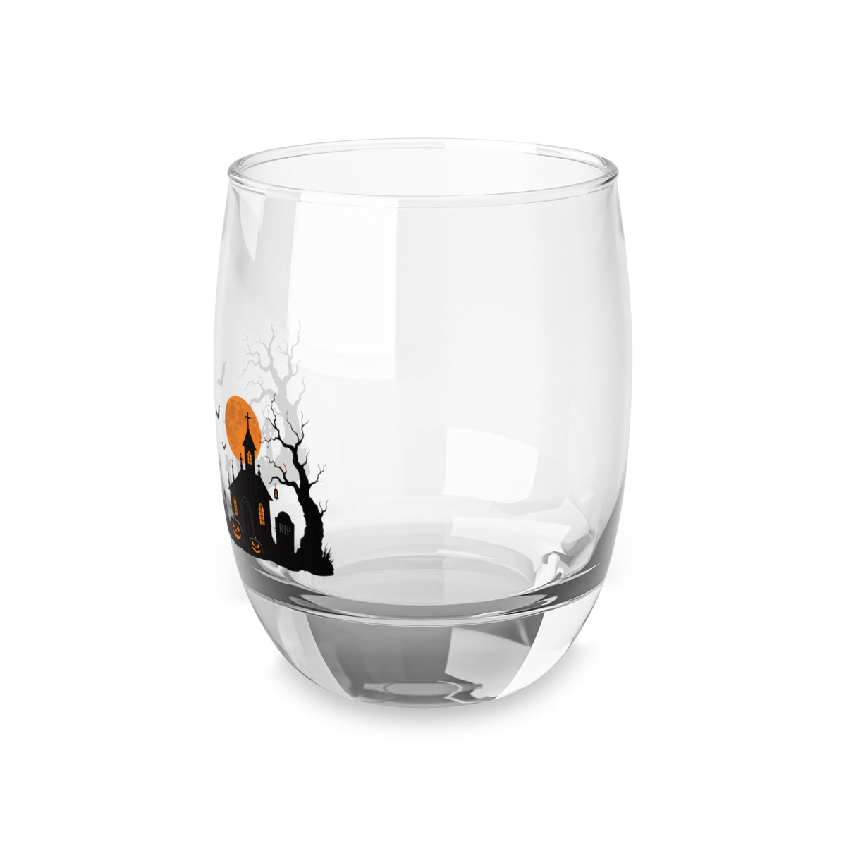 Halloween Graveyard Whiskey Glass – Haunted House & Pumpkin