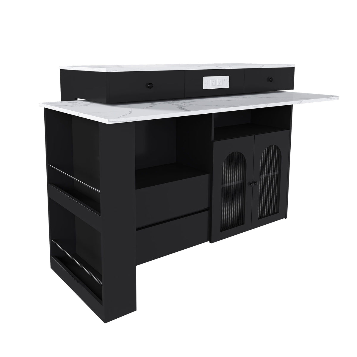 Kitchen Island With Extendable Rotating Table and Glass Door Cabinets