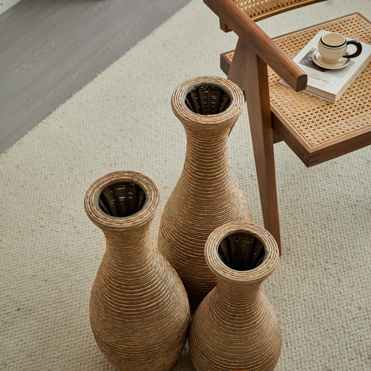 Beige 3 Piece Decorative Floor Vase Set-Ideal For Dried Or Silk Flower Arrangements